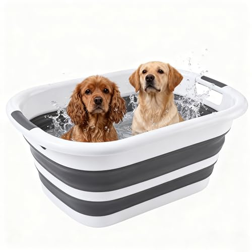 26L/40L Large Collapsible Mop Bucket with Handle for Cleaning, Silicone Portable Pet Bathtub for Puppy Small Dogs Cats, Foldable Laundry Basket Hamper Clothes Storage Bin Space Saving Design (40L)
