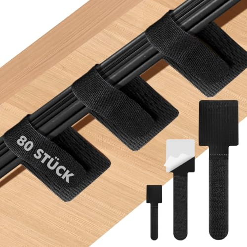 shinfly 80 Stück Kabelmanagement Schreibtisch, Selbstklebende Kabelbinder | 3 Größen Klettband Kabelhalter, Wiederverwendbare Kabel Organizer für Schreibtisch, PC, TV, Router & Homeoffice, Schwarz
