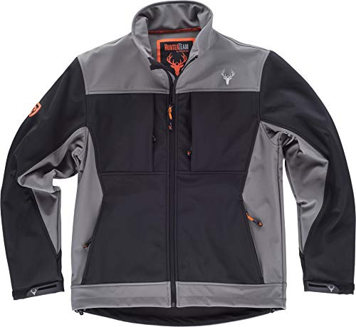 Work Team Cazadora Caza y Pesca workshell combinada con canesús. Cuello Alto y cubrecosturas Interior. Cierre de Cremallera de Nylon. Solapa Protector Hombre Negro+Gris L