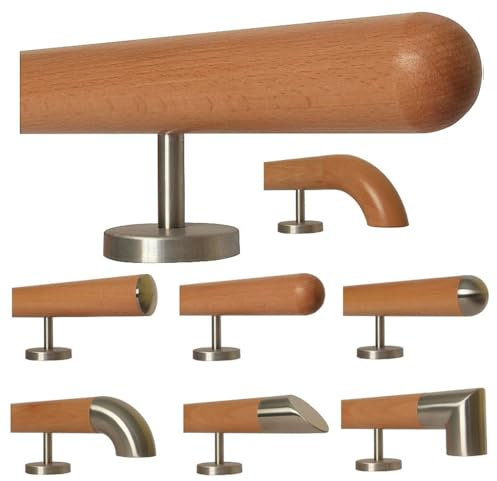 TIBU Buche Holz Treppe Handlauf Geländer Wandhandlauf 0,3m - 5m, Länge 40 cm, Ende Halbkugel gefräst und 2 gerade Halter