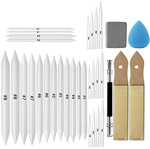 LIUNOVIP KOOTIKO 33 Pcs Blending Stumps and Tortillions Set Art Blenders with Sketch Sandpaper Pencil Sharpener Pencil Extension Tool Drawing Kneaded Eraser Sponge for Student Sketch Drawing Tool