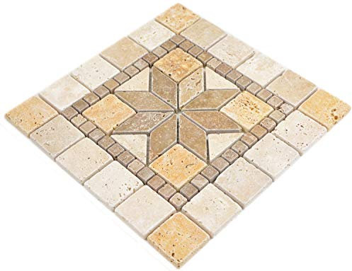 Piastrelle in pietra naturale, effetto mosaico, travertino, beige, giallo, noce