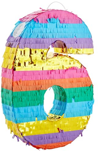 BLUE PANDA Regenbogen-Pinata mit Zahl 6 für 6. Geburtstag, Partyzubehör, Fiesta, Jubiläumsfeier (klein, 41,9 x 27,9 x 7,6 cm)