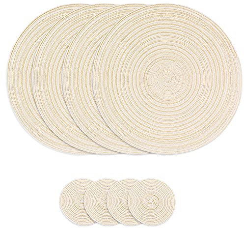 Set di 4 tovagliette rotonde intrecciate, tovagliette in cotone da 38 cm e sottobicchiere da 11 cm, tovagliette lavabili resistenti al calore per cucina, tavolo da pranzo (Beige)