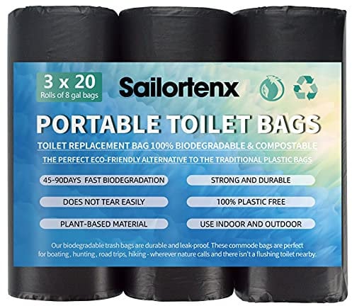 Sailortenx 60 Portable Toilet Bags 100% Compostable 8 Gallon Camping Toilet Bags Use with 5 Gallon Bucket Toilet Waste Bags, Disposable Biodegradable Camping Poop Bags for Outdoor Camping Potty Bags