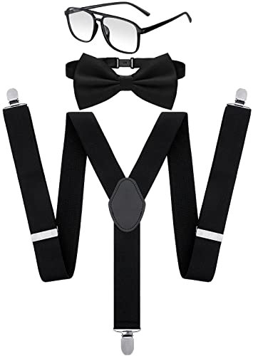 Eurzom 3-teiliges Nerd-Kostüm-Set mit schwarzen Hosenträgern, Brille und Fliege für Halloween, Erwachsene, Teenager, Kostümzubehör, Schwarz, 48 inches