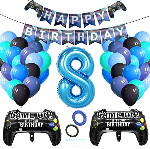 Luftballons Geburtstagsdeko Kinder 8 Jahre, Techextra Videospiel Game Party Kindergeburtstag Dekoration Zubehör Set mit Happy Birthday Banner für 8. Jahr Jungen Ballon Geburstag Deko Jungen