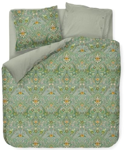 Pip Studio Bettwäsche Saluti Piccoli Green Perkal Blüten Ornamente Blumen Wendeoptik Geblümt Gestreift Floral