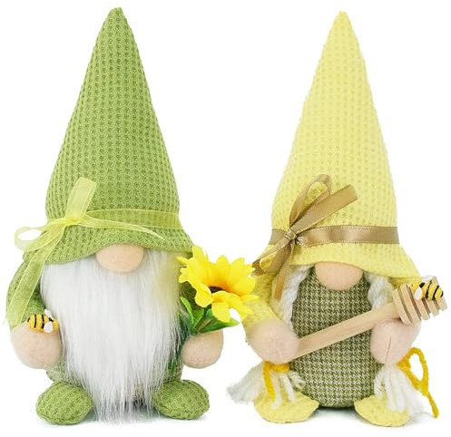 Attiigny Bumble Bee Gnome Plush, Set of 2 Honeybee Spring Summer Gnomes Holiday Ornaments, Handmade Shelf Tiered Tray Decorations Gifts Bee Dolls for Home