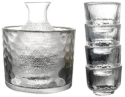 TAMUME Vaso Sake Set de 6 Piezas, 300ml Botella de Sake y 4 Copas de Sake (40ml Cada uno), Conjunto de Copas de Vino para Servicio de Sake Frío/Caliente, Juego de Sake Japonés