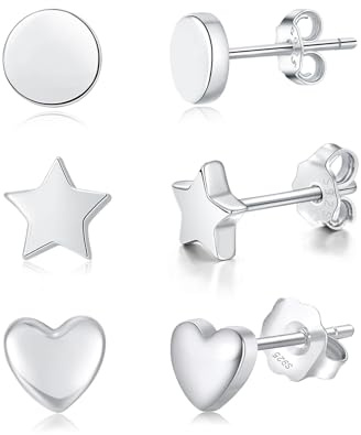 Bewenda Ohrringe Silber 925 Stecker Set, 3 Paare 925 Sterling Silber Ohrstecker Set für Damen Mädchen, Rund Stern Herz Ohrstecker Ohrringe Set, 5mm Klein Schlafen Knorpel Ohrstecker mit Geschenk Box