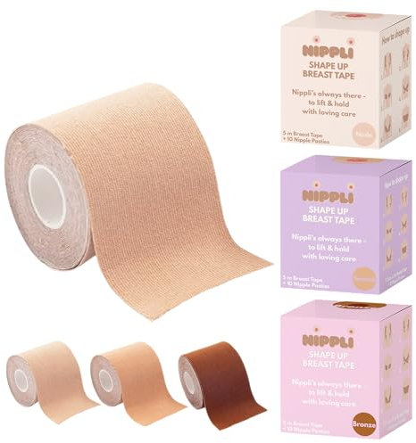 Nippli Shape Up Breast Tape Nude – Boob Tape extra Breit & Feuchtigkeitsbeständig – Nipple Cover 7,5cm x 5m, inkl. 10 Nipple Pads – Brust Tape für den perfekten Halt ohne BH – go Braless