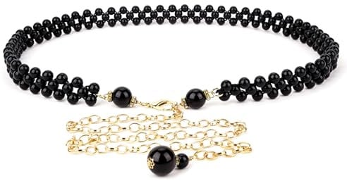 Plus Size Waist Belt for Women, 30-40 Inch Stretchable Chunky Body Chain, Black Pearl Adjustable Fashion Jewelry Accessory