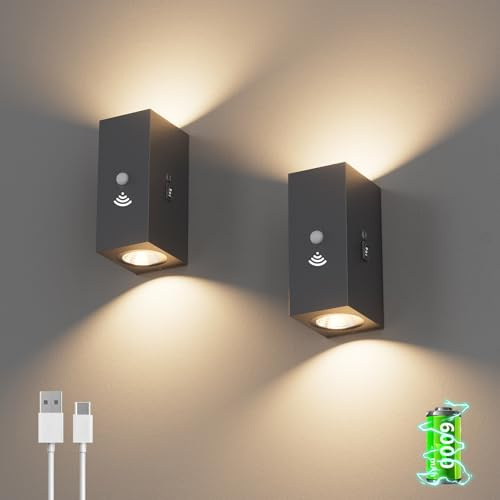 Aipsun 2 Stück Akku Wandleuchte mit Bewegungsmelder Anthrazit, 6000mAh, 650LM Wandlampe akku mit 3 Modi (Sensor/O/II), 6W 3000K Kabellos Aluminium für Treppe, Flur, Wohnzimmer, Schlafzimmer, Garage