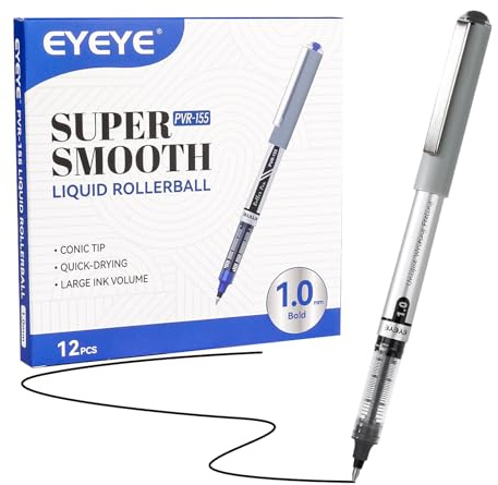 EYEYE Tintenroller mit flüssiger Tinte 12 Stück, 1,0mm Dicke Spitze, 6 Schwarze 6 Blaue Tintenroller, Schnell Trocknend, Roller, Glattes Schreiben für Tagebuch, Notizen, Büro und Schulbedarf