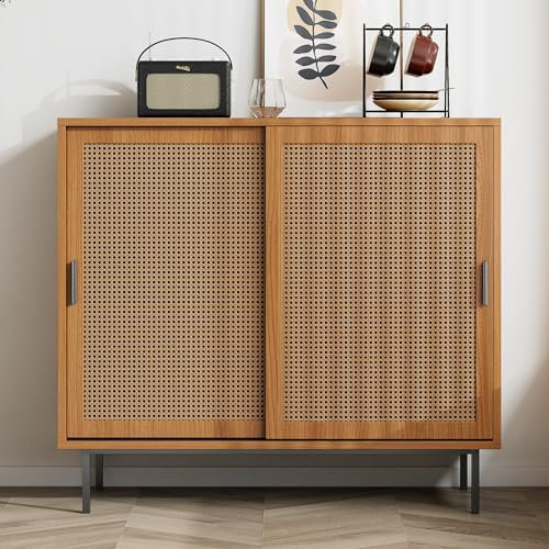 Moimhear Sideboard Küchenschrank, Kommode Aufbewahrungsschrank mit 2 Schiebetüren und Verstellbare Ablage, Landhausstil Beistellschrank für Wohnzimmer, Esszimmer (Walnuss, 100x37x90cm)
