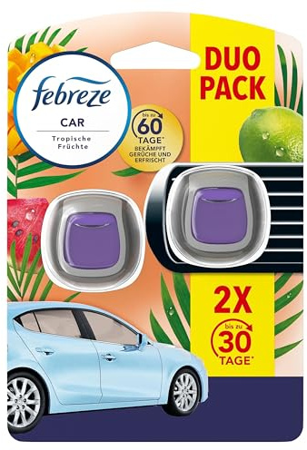 Febreze Auto Lufterfrischer Clip, 2 Stück, Tropenfrüchte, Auto Duft bekämpft Gerüche bis zu 70 Tage