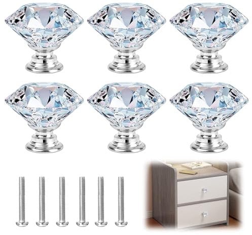 6 PCS Cabinet Knobs Cupboard Drawer Pull Handle with Screws, 20mm Drawer Handles Crystal Glass Diamond Shaped cupboards Door Knob Crystal Door Knobs for Furniture Cabinet Dressing Table Decora