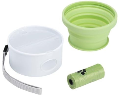 Collapsible Dog Bowl 3-in-1 Set with Poop Bags Small, Foldable Portable Bowl with Lid and Sling Rope, Silicone Food Water Bowls, Leak-Proof Non-Skid for Short Walks, Travel, Camping & Hiking (Green)