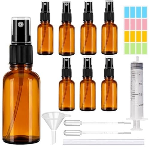 CafullCon Amber Glass Spray Bottle, 8pcs 100ml Refillable Empty Brown Spray Bottles Glass with Funnel Dropper & Sticker, Fine Mist Spray Bottle for Perfume Cleaning Aromatherapy Cosmetic Travel Sprays