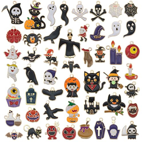 VEINARDYL 50 Stück Emaille-Anhänger Legierung mit Weihnachts-, Halloween-, Elch- und Schneemann-Motiven für Schlüsselanhänger Verschiedene vergoldete Anhänger für selbstgemachte Schlüsselanhänger