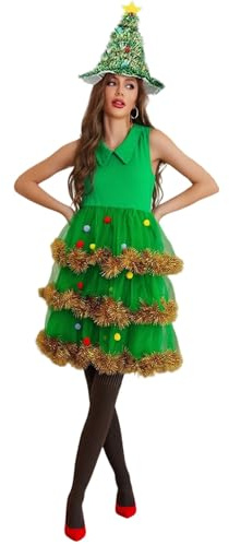 Generisch Cosplay Kostüm Weihnachtsbaum für Damen Tannenbaum Kleid Ärmellose Kleid Rock aus Mehrschichtigem Tüll Festlich Partykleid A Linie Midikleid Weihnachten Faschingskostüme