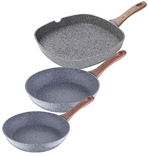 San Ignacio PK335 Juego de sartenes Profesionales-Serie Granito: Ø20 Ø26 y Plancha 28x28x4,5cm, Aluminio Forjado