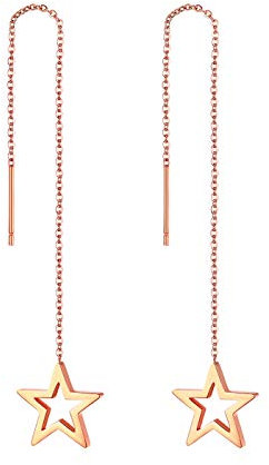 JewelryWe Schmuck Durchzieher Ohrringe Edelstahl Stern Pentagramm Lange Kette Einfädler Ohr Linie Ohrhänger für Frauen Mädchen Rosegold