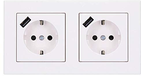 Jung SCHUKO USB-Steckdose Typ A (max. 3A) Komplett-Set Serie A: 2x Steckdose A152018AWW und 2-fach Rahmen A5582BFWW Alpinweiß