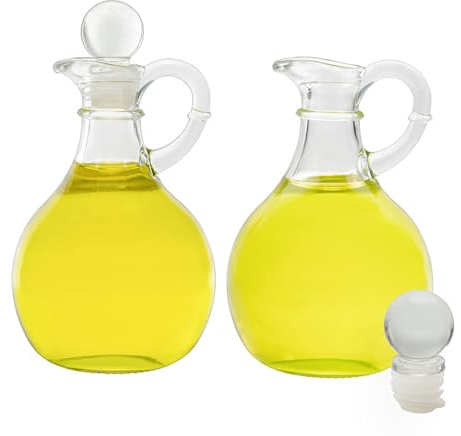 Cornucopia Brands Glass Oil and Vinegar Cruets (Set of 2); 8oz Round Oil Dispensers/Salad Dressing Bottles with Stoppers