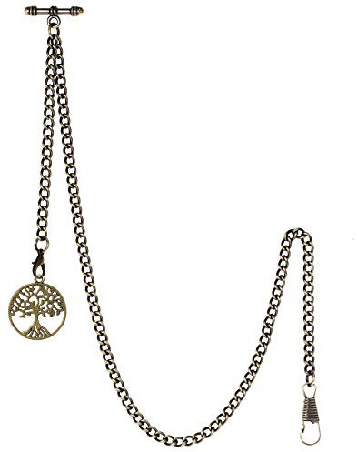 TREEWETO Taschenuhrkette mit T Bar Endstück Albert T-Bar Taschenuhr Kette mit Antiker Lebensbaum Anhänger und 2 Haken für Weste Knopfloch Bronze