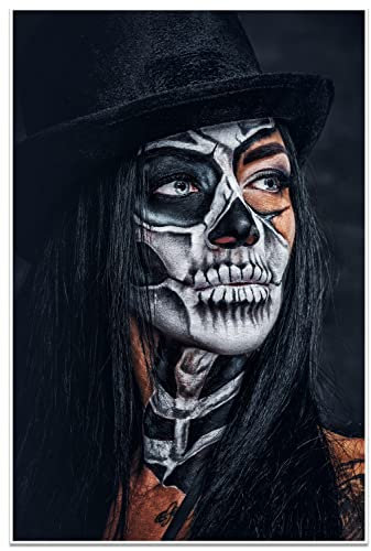 wandmotiv24 Poster als Wanddeko, Größe 60x40cm, Model mit Totenkopf Makeup, Schminke, Hut, Frau, Moderne Wanddeko, Wandbilder, Deko, Bild M0063