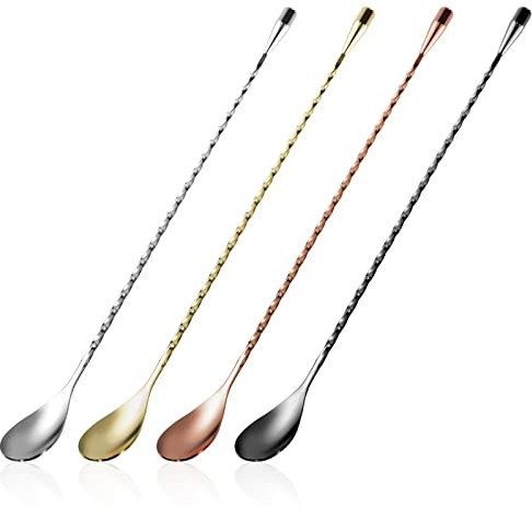 Cuillère à Cocktail en Acier Inoxydable Cuillère de Bar à Long Manche Cuillères à Mélanger Motif en Spirale Agitateurs à Cocktail Professionnelles 30cm 4 Pièces (4 Couleurs)