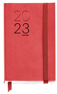Miquelrius - Jahresplaner 2023 - Woche Querformat - Passport Größe 90 x 140 mm - Flexible Abdeckung aus Kunstleder genäht - Spanisch, Englisch und Portugiesisch - Rot