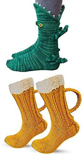 Lustige Socken Herren Damen Bunte Stricksocken Winter Dicke Warme Socken Unisex Kuschel Thermosocken Grobstrick Weihnachtssocken Weihnachtsgeschenke für Männer und Frauen (A-Gelb+Krokodil, 32-38)