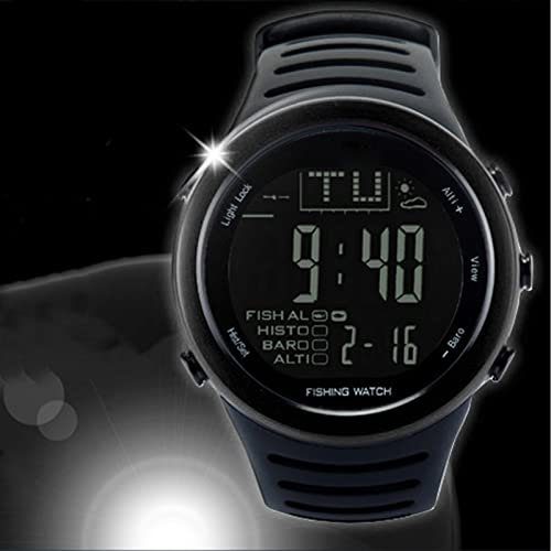 SPYMINNPOO wasserdichte Outdoor-Uhr, Barometer-Uhr, Digitale Hintergrundbeleuchtung, Multifunktionale Höhenmesser-Thermometer-Uhr für das Angeln Im Freien (Schwarz)