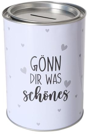 ReWu Spardose Sparschwein Schriftzug Gönn Dir was Schönes - Deckel abnehmbar - Wiederverwendbar Metall Sparbüchse Geldgeschenk Geschenkidee Geldspardose Metallspardose 14 x 10 cm