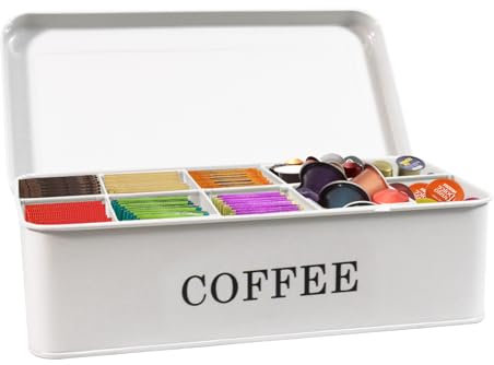 Xbopetda Coffee Pod Organizer, Coffee Pods Holder, Metal Storage Container with Dividers & Lid, Coffee Capsule Storage Box with 10 Compartments, Kitchen Storage for Coffee & Tea Bags
