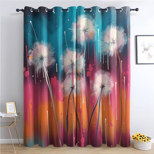 THYUNQ Vorhänge Bunte Pusteblume Motiv, Vorhang Blickdicht Verdunklungsvorhänge Thermovorhang mit Ösen, Gardinen Wohnzimmer Schlafzimmer Fenster, 2er Set Curtains, H 245 x B 140 cm