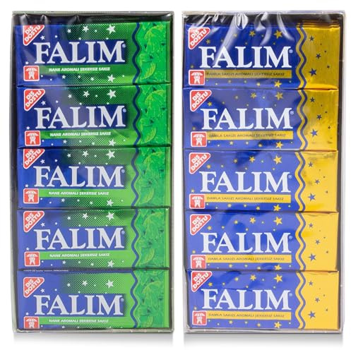 Falim Kaugummi 2x20 Einzelpackungen à 5 Stück Minz- und Mastixgeschmack | zuckerfrei , türkischer Klassiker, zahnschonend, langanhaltender Kauspaß, für Party und Candy Bar, 200 Stück, 280g