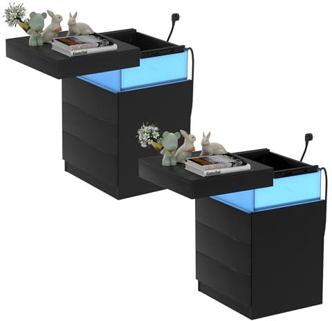 PIPIPOXER Nachttisch 2er Set mit Steckdose & USB, LED Nachttisch Schwarz Hochglanz Nachtkommode mit 3 Schubladen, Nachtschrank Tisch, Led 16 Farben Beleuchtung für Wohnzimmer