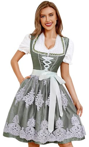 Funspread Dirndl Damen Midi Grün - Trachtenkleid Trachtenmode für Oktoberfest Dirndlkleid mit Spitzenschürze 42