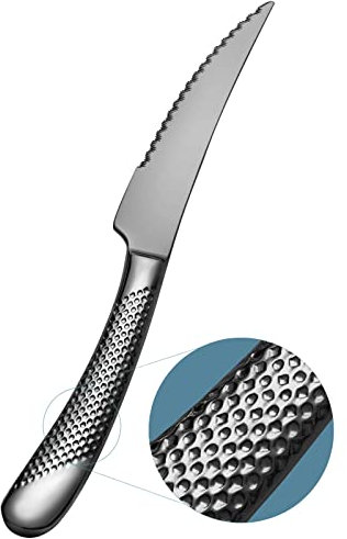 Xideman® Innovative Ultra-Sharp 2-IN-1 Serrated Forged Knife For Dinner & Steak (23.2cm). High carbon Stainless Steel Steak Knives Set of 6, Hammered Solid Handle Cutlery Dinner Knives (Black)