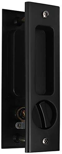 Sliding Pocket Door Lock,Pocket Door Handle with Key Sliding Flip Sliding Barn Door Lock for Barn Door Pet Door Bathroom Outdoor Garage (Classic Black Square Single Hook Sliding