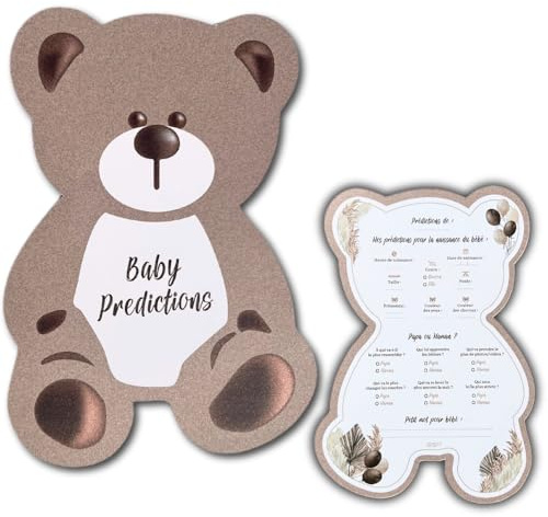 CEPARTY x25 Cartes pronostics gender reveal 100% francais, Animation jeu baby shower, Ourson pour fête prénatale avec decoration beige mixte, Les invités font les jeux de prédictions sur le futur bebe
