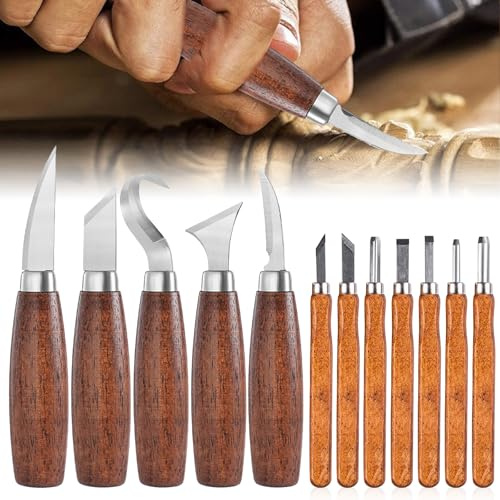 12-teiliges Set Schnitzwerkzeug Holz, SK2 Stahl Schnitzset Anfänger, Holz Carving Kit zum Schnitzen, Schnitzmesser für Kunsthandwerk und Handarbeit, Holzschnitzwerkzeug set für Erwachsene Geschenk