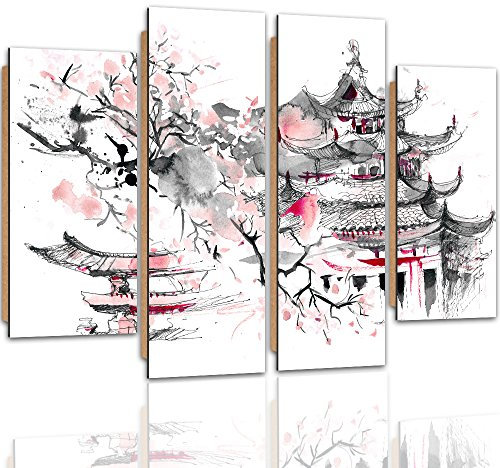 Feeby. Tableau Multi Panneaux - 4 Parties, Décoration Murale, Image imprimée, Deco Panel, Type B, 120x80 cm, Japon, Architecture, Gray