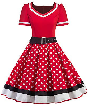 AXOE Damen 50er Jahre Kleider Rockabilly Vintage Festliches mit Abnehmbarer Gürtel A LinieRot Weiß Gepunktet, Gr.44, XXL