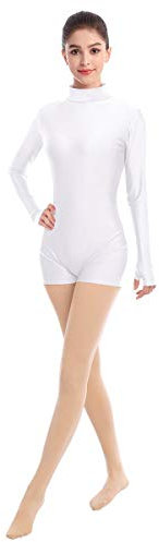 IMEKIS Damen Ballettanzug Langarm Spandex Bodysuit Rollkragen Ballett Tanzbody Leotard Einfarbig Einteiler Gymnastik Turnanzug Elastisch Trikot Bademode Sport Body Top Weiß S