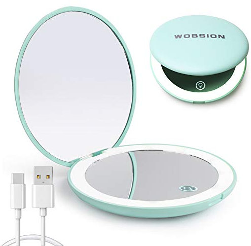 Wobsion Led Compact Mirror - Rechargeable 1x/10x Magnification Travel Mirror with Light, Dimmable, Pocket Size, Gifts for Girls, Cyan